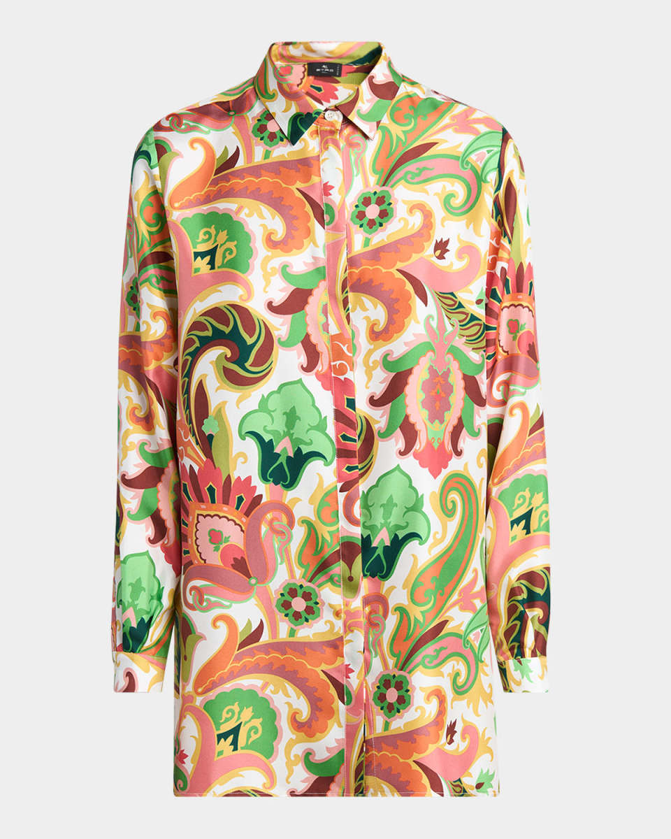 White Summer-Print Silk Twill Oversized Tunic Blouse